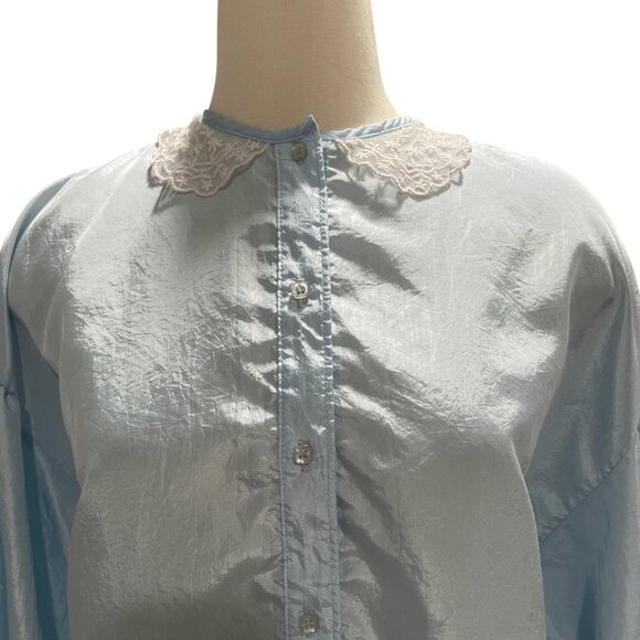 Vintage Light Blue Blouse L Lace Peter Pan Collar Cottagecore Romantic Coquette - Picture 4 of 8